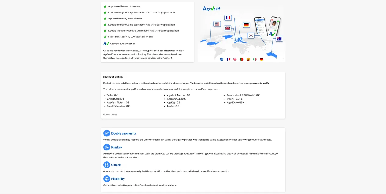 Página de inicio de AgeVerif, servicio de verificación de edad en línea.