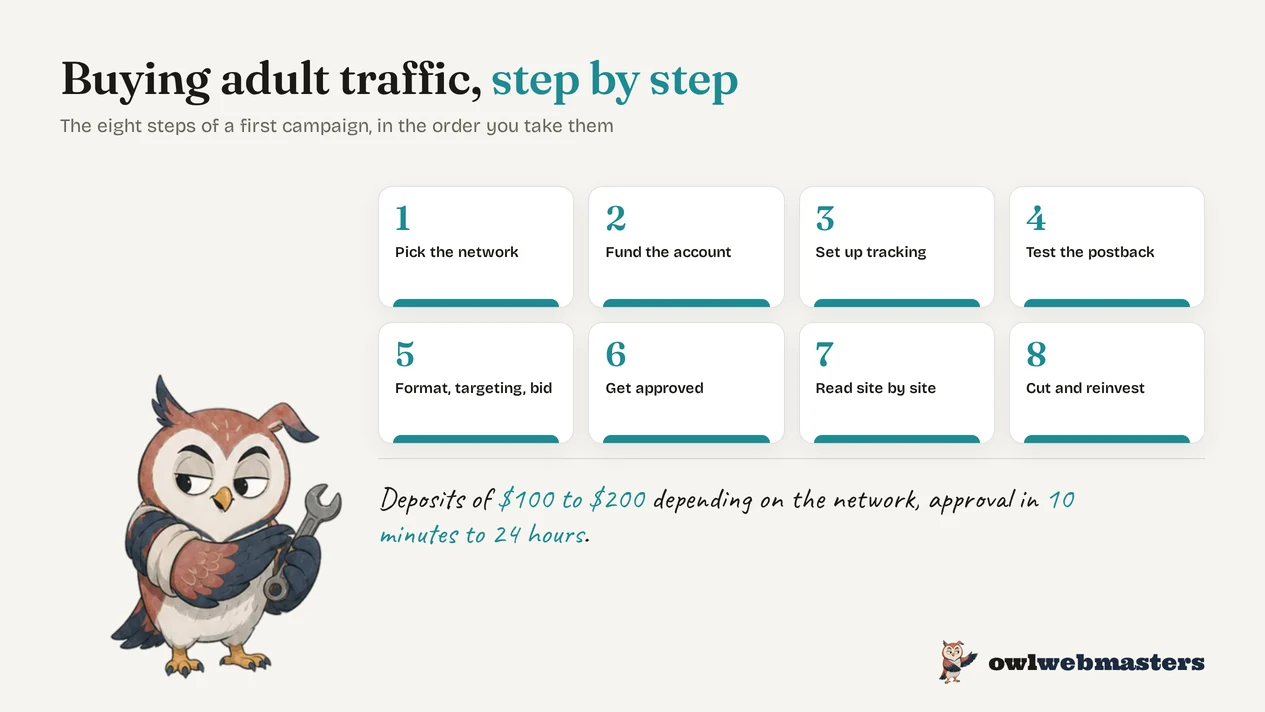 Infographic: the eight steps of a first adult traffic campaign, from picking the network to cutting what doesn’t convert.