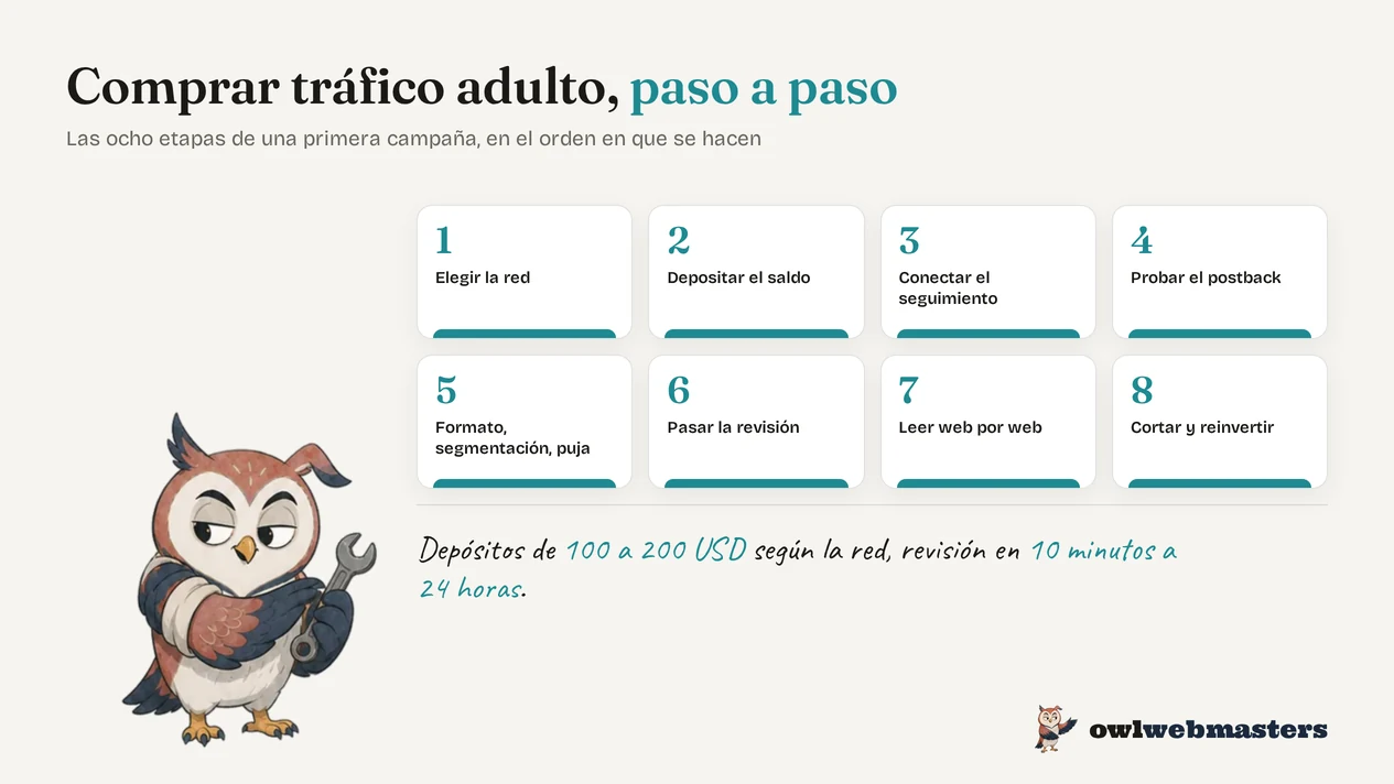 Infografía: las ocho etapas de una primera campaña de compra de tráfico adulto, de la elección de la red a la decisión de cortar.
