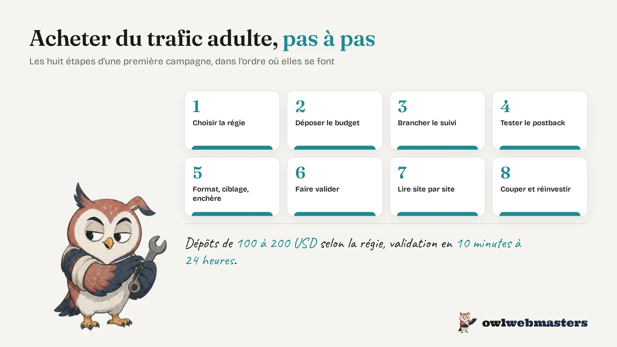 Infographie : les huit étapes d’une première campagne d’achat de trafic adulte, de la régie à la décision de couper.