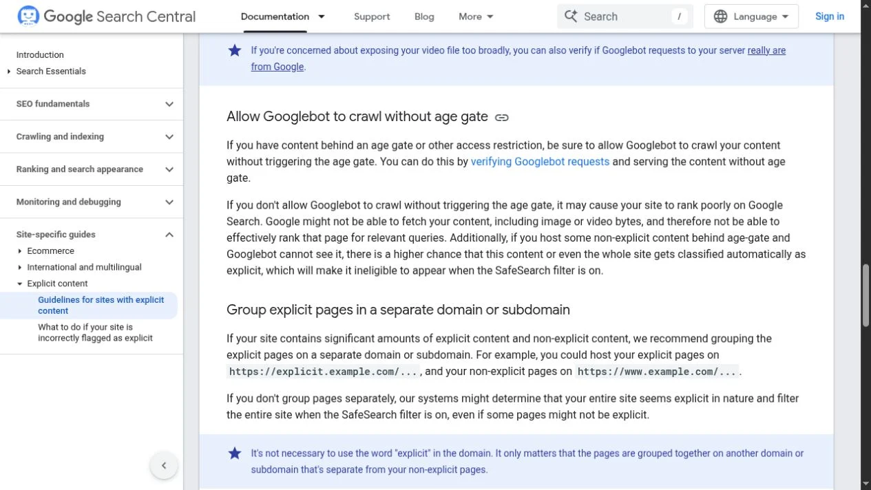 Google Search Central guidelines on crawling pages protected by an age gate.
