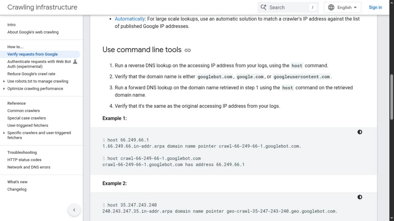 Official documentation showing how to verify Googlebot through DNS checks.