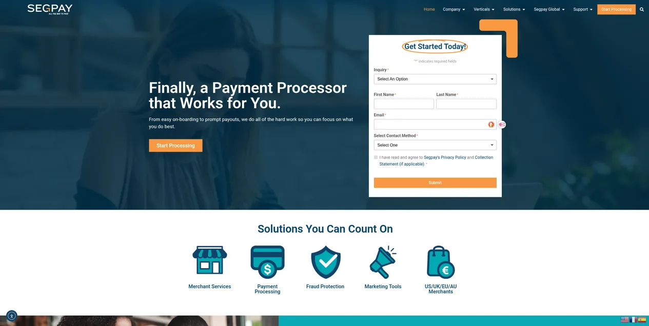 Página de inicio de Segpay, proveedor de pagos para webs adultas.