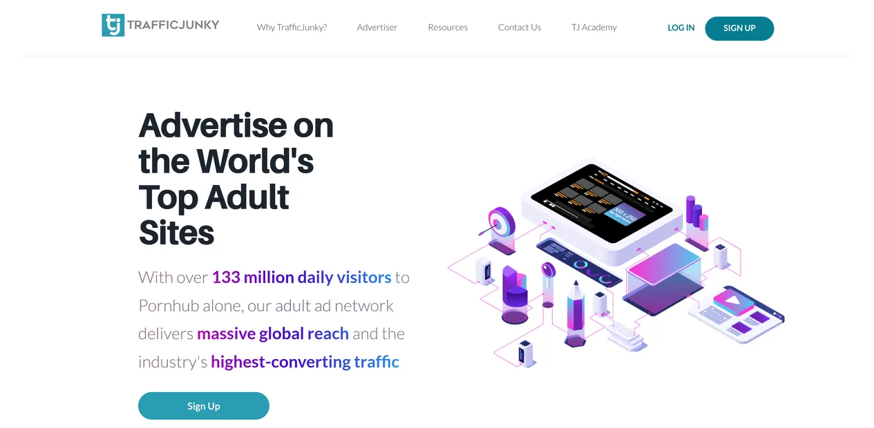 Página de inicio de TrafficJunky: «Advertise on the world’s top adult sites», con más de 133 millones de visitantes diarios anunciados en Pornhub.