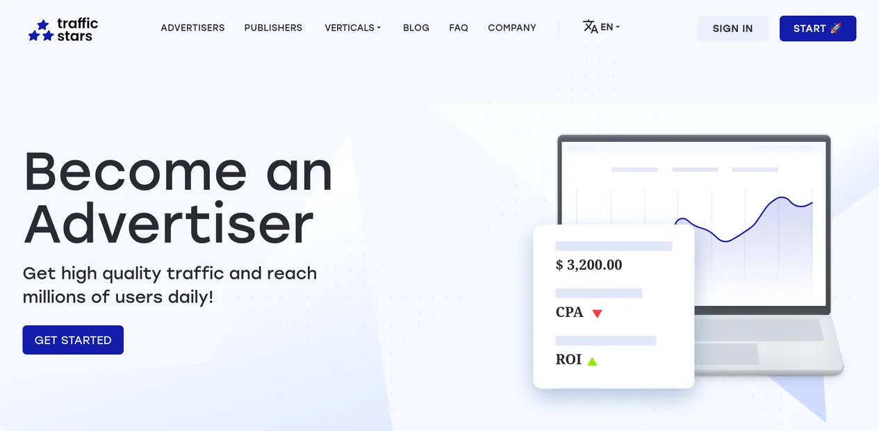 Página de anunciantes de TrafficStars: «Become an advertiser», un botón «Get started» y un panel que muestra CPA y ROI.