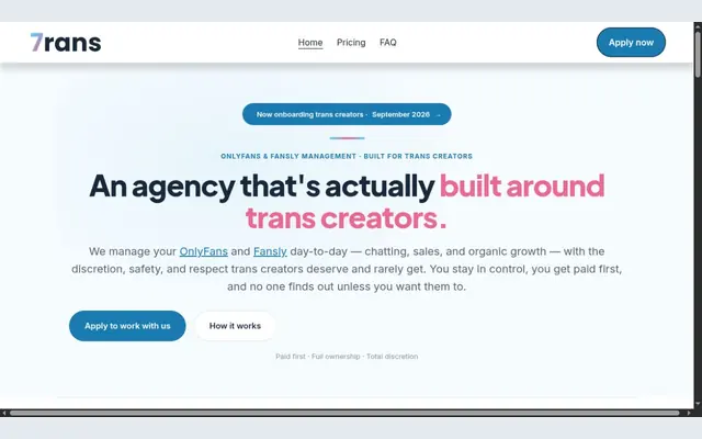 7rans home page on a light background headed An agency that's actually built around trans creators, with application buttons