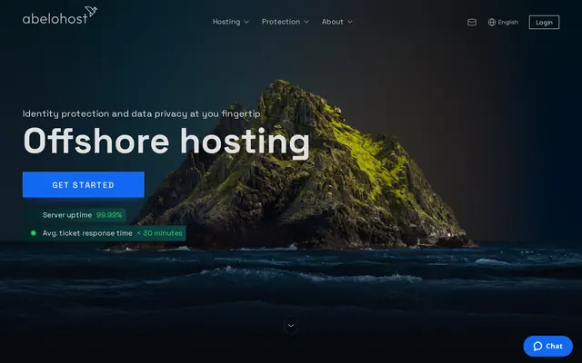 AbeloHost homepage with its Offshore hosting banner set on an island