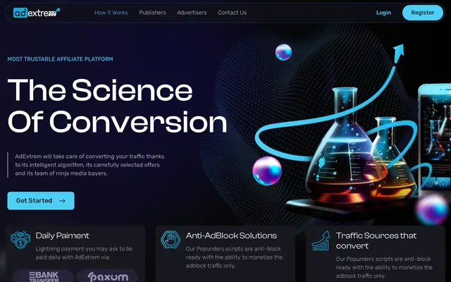 Accueil d’AdExtrem avec le slogan The Science Of Conversion et trois arguments : paiement quotidien par virement ou Paxum, solutions anti-AdBlock et sources de trafic qui convertissent