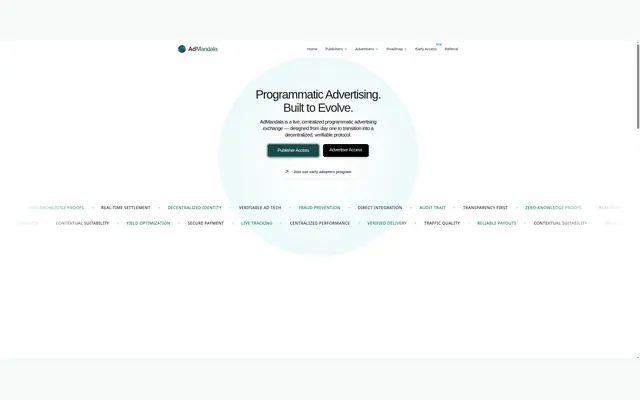 Accueil d’AdMandala, titré Programmatic Advertising. Built to Evolve., avec les accès éditeur et annonceur
