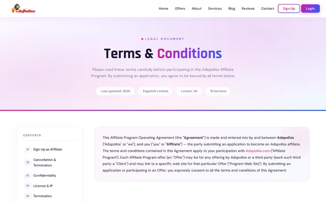 AdsPollos affiliate terms page in the name of EdgeSoft Limited, London