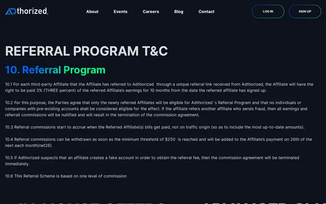 Adthorized referral program terms, 3% of a referred affiliate’s earnings for ten months