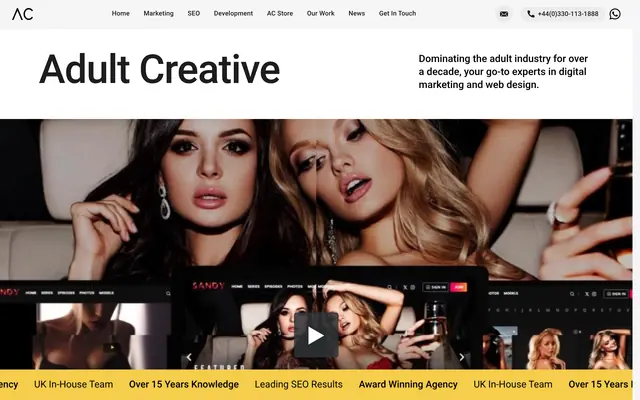 Adult Creative home page with a tagline about over a decade in the adult industry, paysite screenshots and a yellow banner reading UK In-House Team and Over 15 Years Knowledge