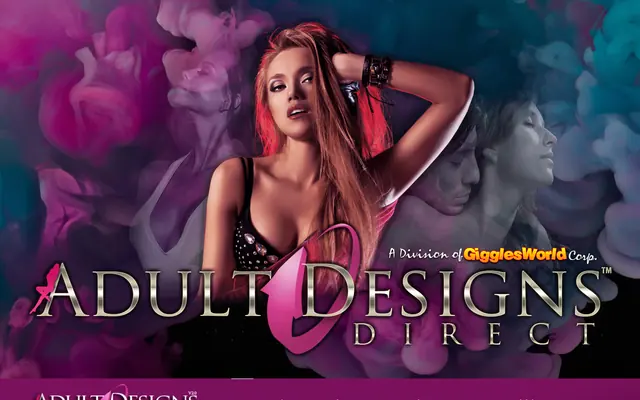 Bandeau d’accueil d’Adult Designs Direct, logo violet « A Division of GigglesWorld Corp. » sur fond de fumée colorée, avec une femme en haut noir