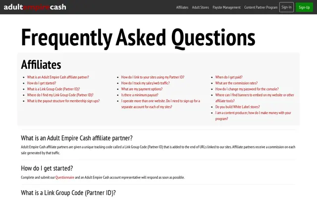 Adult Empire Cash FAQ page showing the paysite join and rebill rates