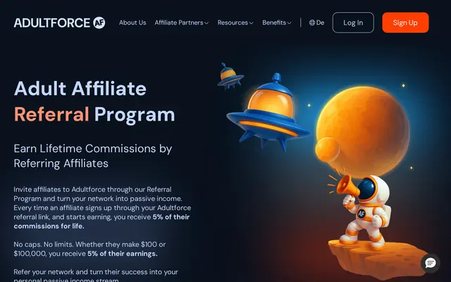 Page du parrainage d’AdultForce, 5 % des commissions du filleul à vie