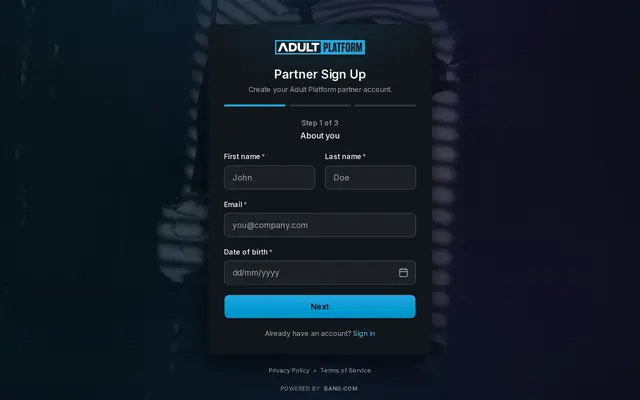 Première étape du formulaire d’inscription partenaire d’AdultPlatform