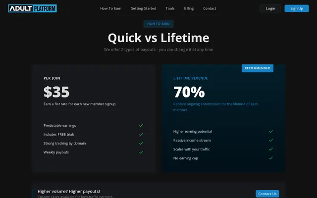 Accueil d’AdultPlatform annonçant 70 % de partage ou 35 $ par inscription