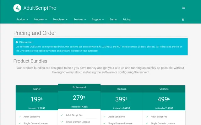 Page des tarifs d’Adult Script Pro avec ses quatre formules groupées