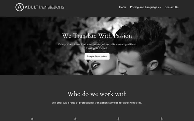 Adult Translations home page with the headline “We translate with passion” over a black and white photo of a couple