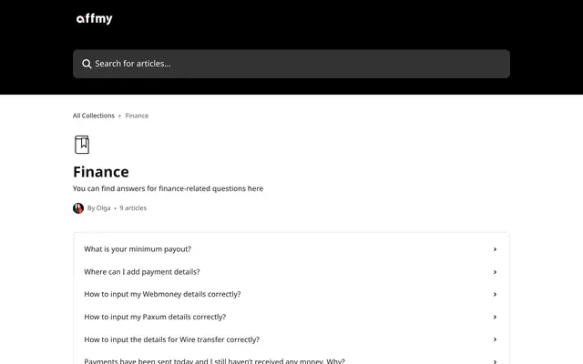Affmy help center finance section with nine payment articles
