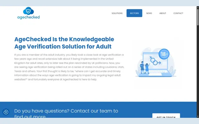 AgeChecked page for the adult industry, headed AgeChecked Is the Knowledgeable Age Verification Solution for Adult, with an illustration of a screen marked 18+