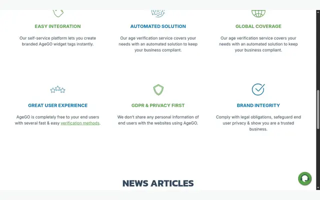 Page Business d’AgeGO avec six arguments en trois colonnes : intégration facile, solution automatisée, couverture mondiale, expérience utilisateur, confidentialité RGPD et intégrité de la marque, au-dessus de la rubrique des actualités