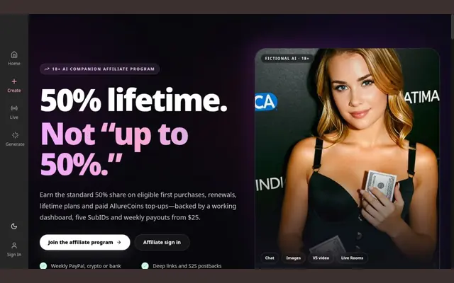 Page du programme d’affiliation AIAllure, qui annonce 50 % à vie avec une compagne fictive à droite