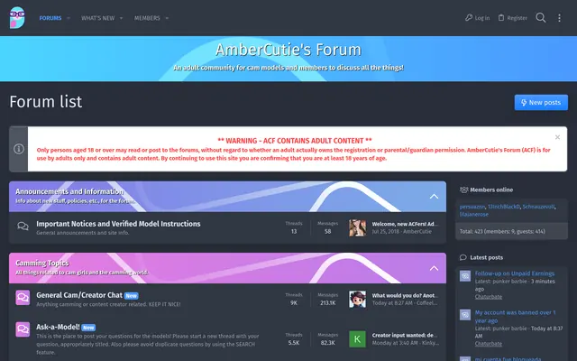 AmberCutie’s Forum board index in dark mode, showing the red adults-only warning, the Announcements and Camming Topics sections and the members online panel