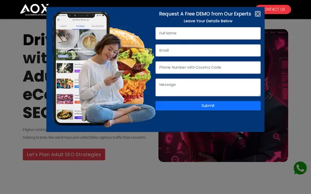Aoxapps adult SEO page covered by a blue Request A Free DEMO pop-up with name, email, phone and message fields, next to a food delivery app mockup