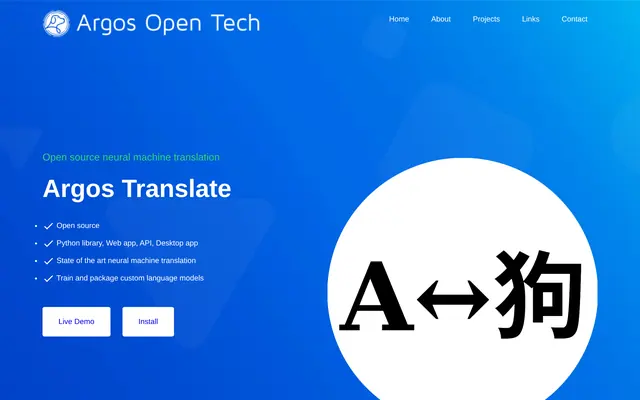 Argos Open Tech home page presenting Argos Translate and its ways of use
