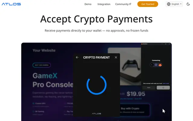 Page d’accueil d’ATLOS, passerelle de paiement en cryptomonnaies