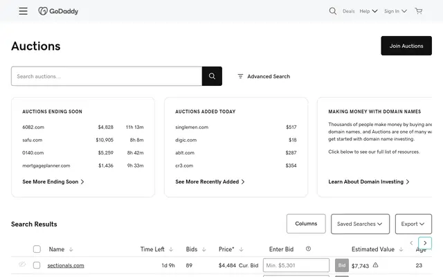 GoDaddy Auctions results table showing domains, time left, bids and prices