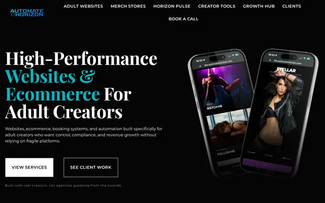 Portada de Automate Horizon con el título High-Performance Websites and Ecommerce For Adult Creators y dos móviles que muestran webs de creadoras
