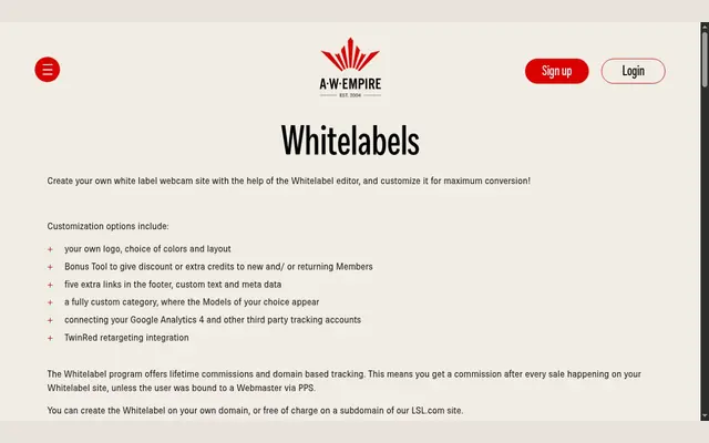 Page de la marque blanche AWEmpire, avec la liste des réglages de l’éditeur