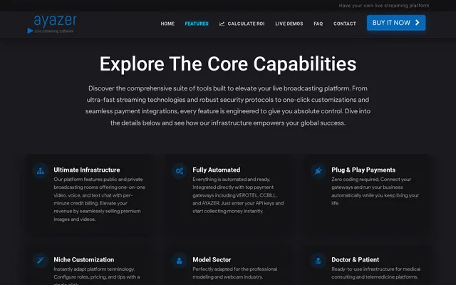Ayazer feature page listing infrastructure, automation and payment blocks
