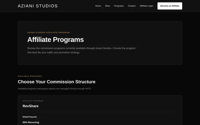 Aziani Studios programs page listing 50% recurring and $25 per join