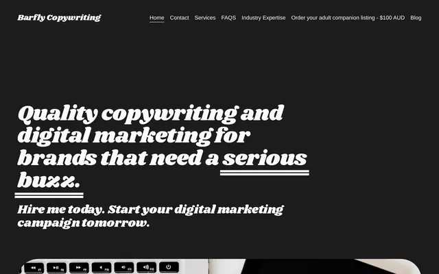 Página del sector adulto de Barfly Copywriting, redactora australiana