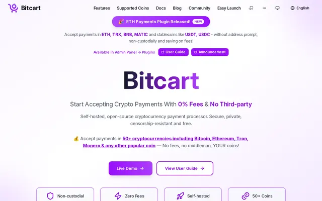 Bitcart home page, an open-source crypto payment processor