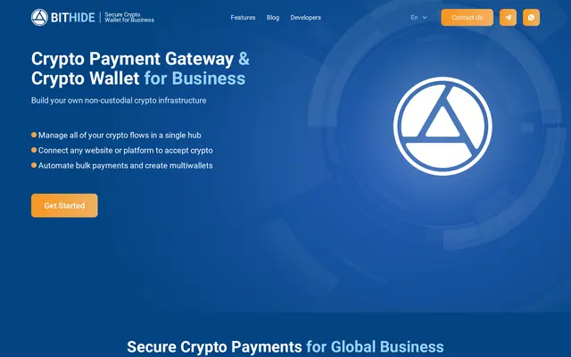 BitHide home page, a crypto wallet for businesses