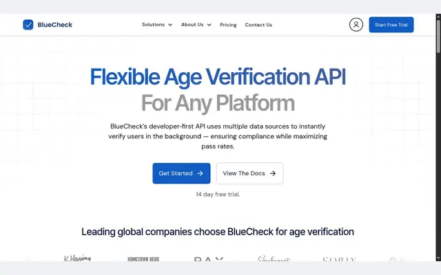 Ancienne page d’accueil de BlueCheck, titrée « Flexible Age Verification API For Any Platform », avec les boutons Get Started et View The Docs, la mention d’un essai de 14 jours et une rangée de logos clients