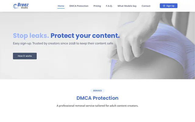 Accueil de Breez Studio avec le slogan « Stop leaks. Protect your content. », le bouton « How it works » et, en dessous, la section « DMCA Protection »
