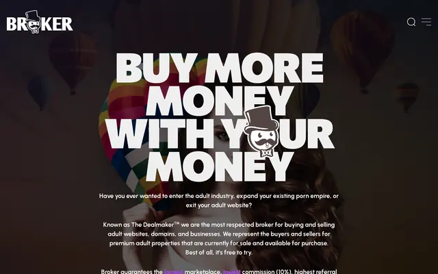 Accueil de Broker.xxx avec le slogan « Buy more money with your money », la mascotte au chapeau haut de forme et la présentation du courtier en sites adultes