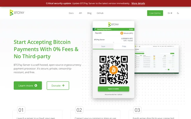 Portada de BTCPay Server, procesador de pagos en bitcoin de código abierto
