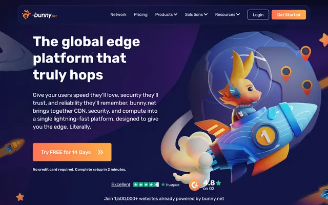 bunny.net homepage presenting its edge platform and 14-day free trial