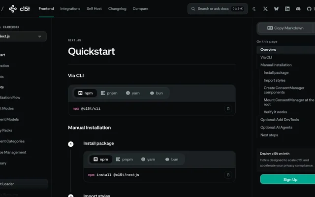 c15t documentation in dark mode, Next.js quickstart page with the npx @c15t/cli command and the @c15t/nextjs package install