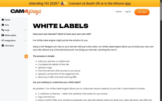 Page des marques blanches de CAM4Pays, avec les étapes pour installer un site de webcam sur son propre domaine
