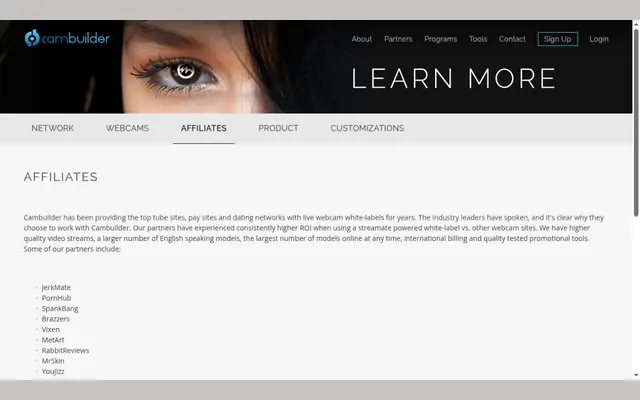 Page Affiliates de CamBuilder avec la liste de ses partenaires, dont JerkMate, PornHub et Brazzers