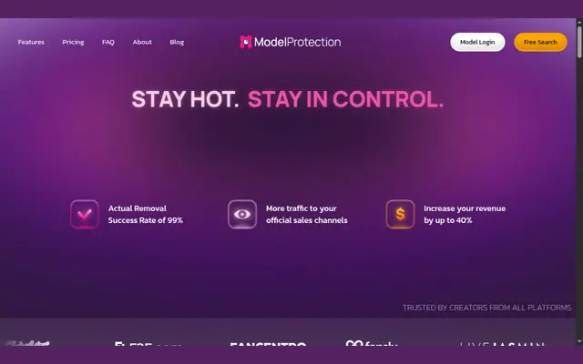 Accueil de Cam Model Protection sur fond violet, avec le slogan « Stay hot. Stay in control. » et trois arguments : 99 % de retraits, plus de trafic vers les canaux de vente, jusqu’à 40 % de revenus en plus
