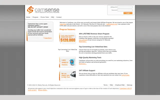 Portada de CamSense, programa de afiliados de la red CC Network, con el resumen del reparto de ingresos del 40 %