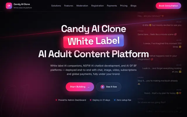 Accueil de Candy AI Clone annonçant une plateforme adulte d’accompagnants par IA en marque blanche, livrée en 21 jours